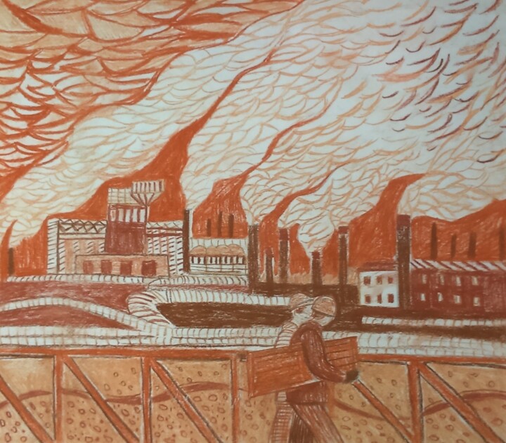 Factories are working Drawing, 15.8x17.7 in