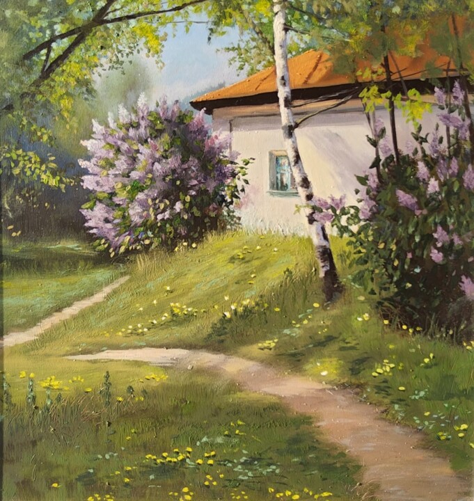 Old House Painting Landscape Original Art Sunny Farm Scene Tablo, 7,9x7,9 in