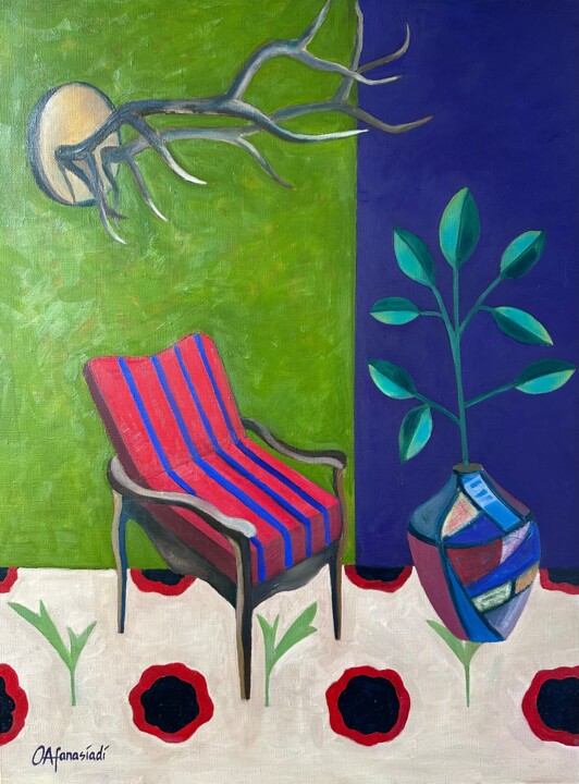 Painting titled "Interior with red a…" by Olga Afanasiadi, Original Artwork, Oil Mounted on Wood Stretcher frame