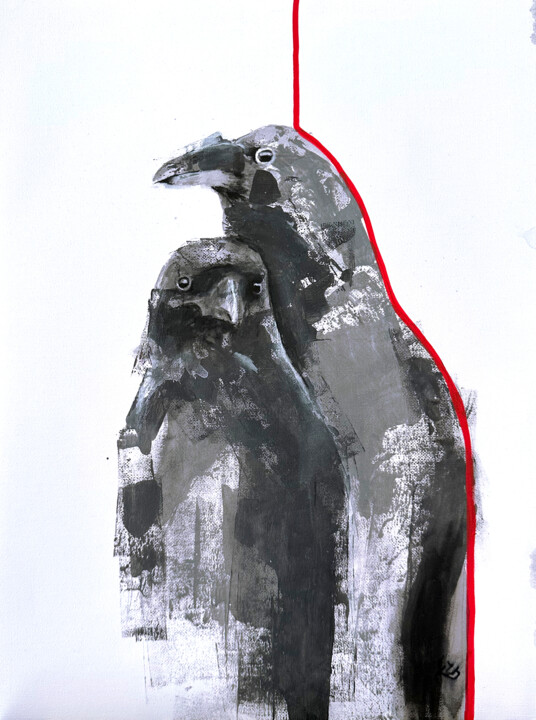 A pair of devoted ravens 绘画, 15.7x11.6 in