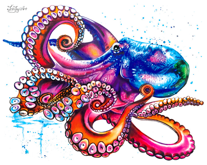 Octopus wall art print, Blue octopus abstract large canvas 绘画, 8x10 in