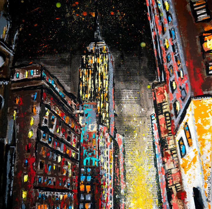 French School - Empire State Building - Impressionnist - NY Schilderij, 15,8x15,8 in
