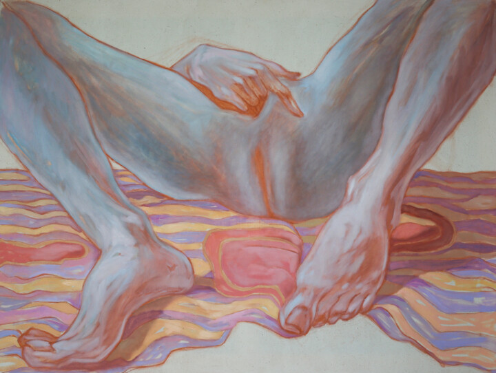 Blue Velvet Touch or blue woman on a striped sheet 绘画, 35.4x47.2 in