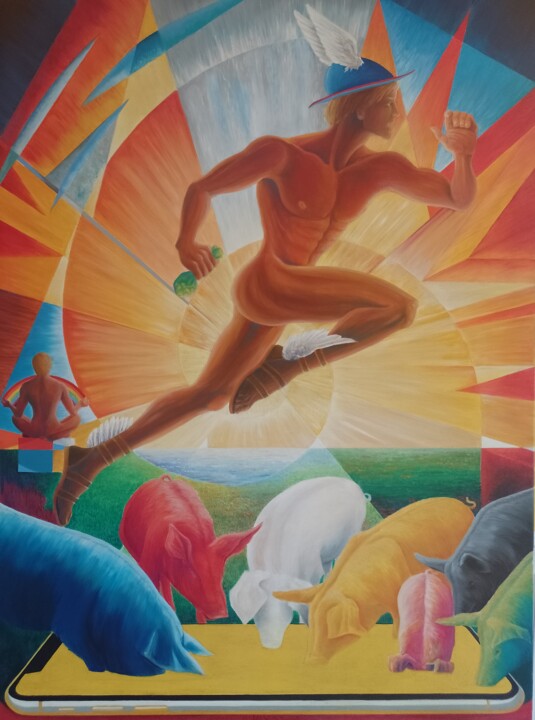 Hermès et les cochons 绘画, 51.2x38.2 in