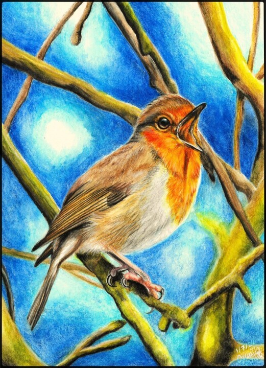 Rouge-gorge chanteur Painting, 7.1x5.1 in