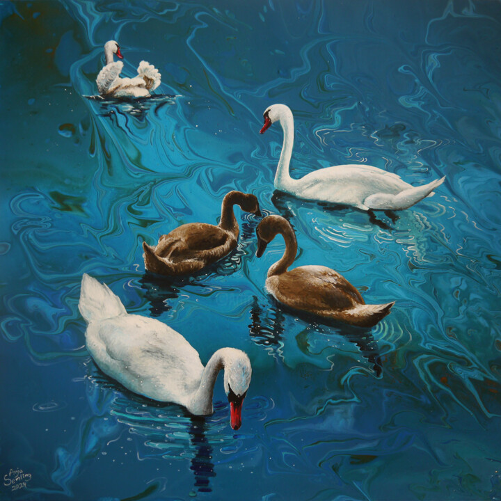 Peinture intitulée "5 wundersame Schwäne" par Anja Semling, Œuvre d'art originale, Acrylique Monté sur Châssis en bois