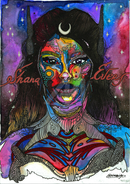 "SHANA EVERS" - SURREAL, COLORFUL, FACE 图画, 31.5x21.7 in