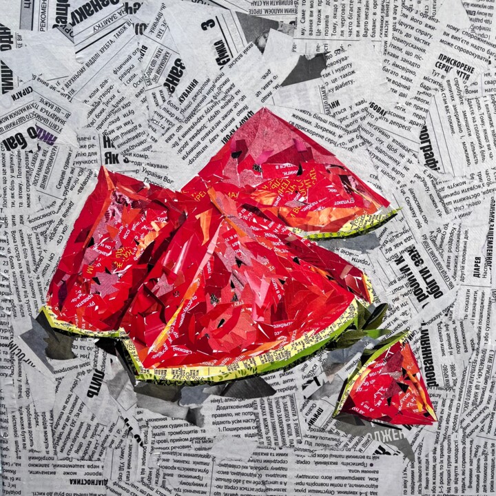 Watermelon Still Life Paper art Collages, 11.8x11.8 in