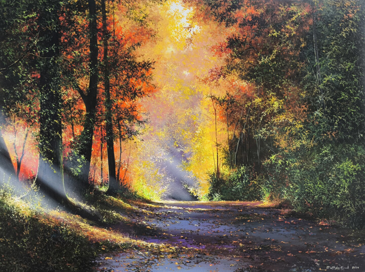 Malarstwo zatytułowany „Autumn's Glow” autorstwa Sergey Miqayelya, Oryginalna praca, Olej Zamontowany na Drewniana rama noszy