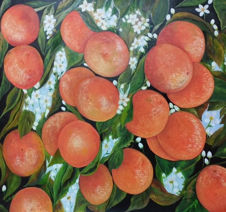 Painting titled "FLOR DE NARANJO" by María Rosario Aladro Loza, Original Artwork, Oil Mounted on Wood Stretcher frame