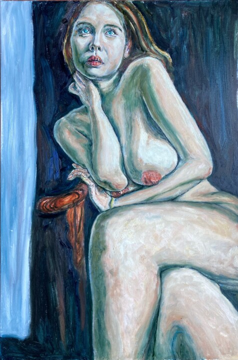Schilderij getiteld "Reclining" door Ling Chen, Origineel Kunstwerk, Olie Gemonteerd op Frame voor houten brancard