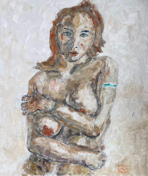 Schilderij getiteld "Seized with horror" door Ling Chen, Origineel Kunstwerk, Olie Gemonteerd op Frame voor houten brancard