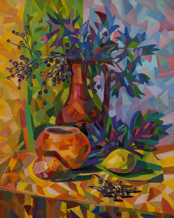 Yellow still life with mountain ash 绘画, 15.8x19.7 in