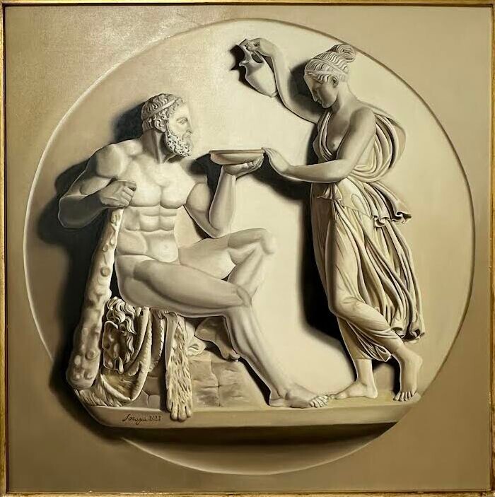 Hebe Pouring Nectar into Hercules' Bowl Painting, 27.6x27.6 in