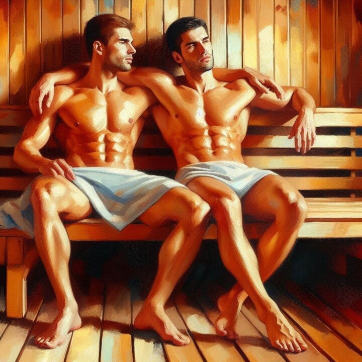 JEAN & PIERRE IN THE SAUNA 绘画, 15.8x15.8 in