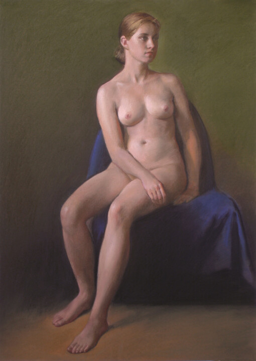 绘画 标题为“Nude seated on blue” 由Oleg Sergeev, 原创艺术品, 粉彩