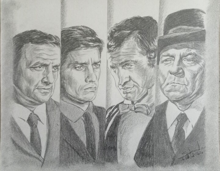 Représentation des grands acteurs du cinéma français réalisé 그림, 11.7x14.2 in