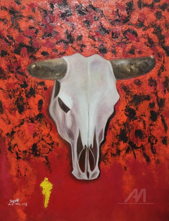 " Ethereal Remnants: The Bull Skull on Fiery Canvas" 绘画, 19.7x25.8 in