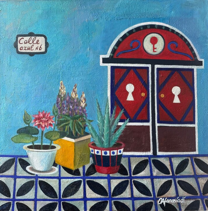 Painting titled "Blue lane" by Olga Afanasiadi, Original Artwork, Oil Mounted on Wood Stretcher frame