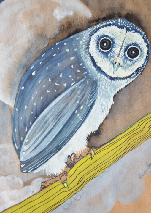 owl and full moon 绘画, 10.6x11.8 in