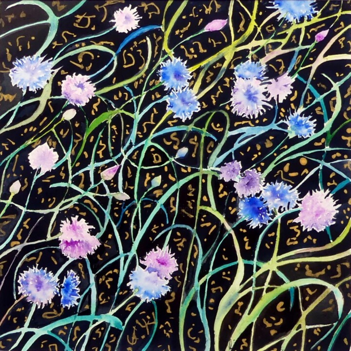 Cornflowers on Black 绘画, 8x8 in