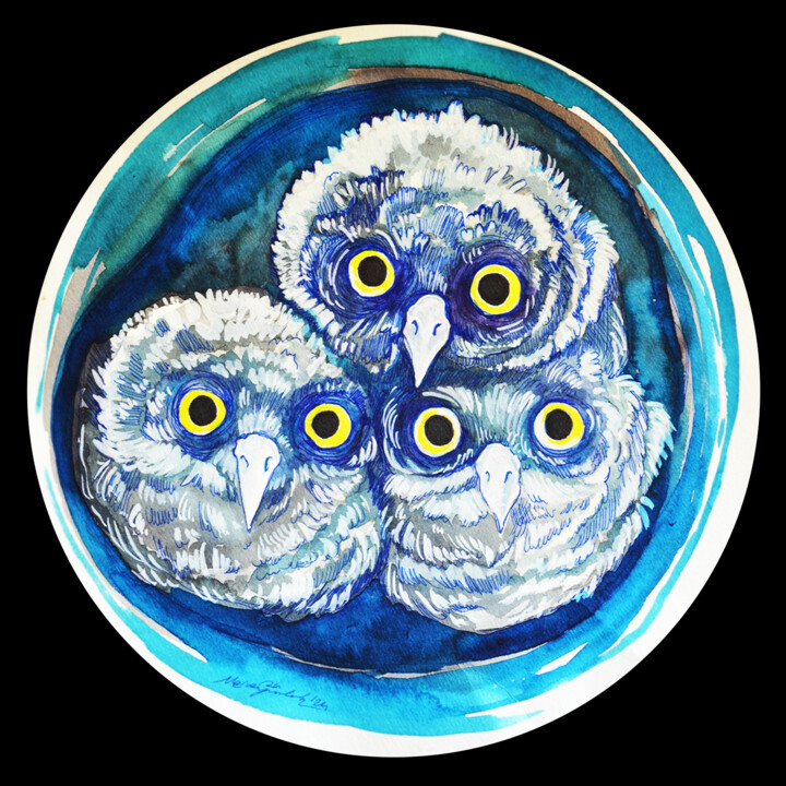 3 owls 绘画, 9.8x9.8 in