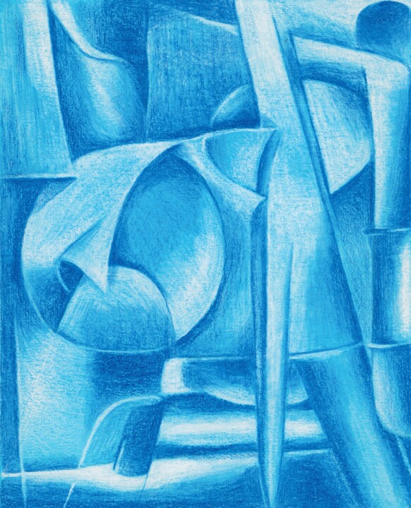 Cubism in Phthalocyanine blue 图画, 10.2x8.3 in