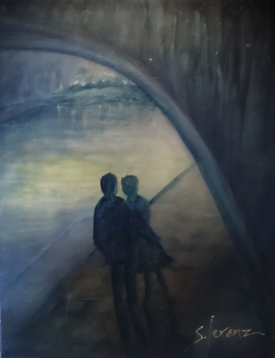 Painting titled "On the Quay Revisit…" by Sue Lorenz, Original Artwork, Oil Mounted on Wood Stretcher frame