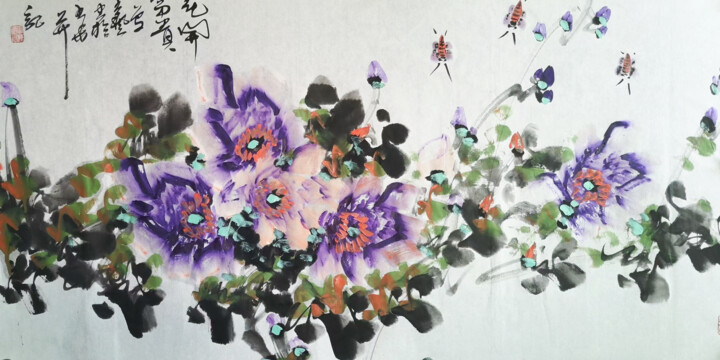 紫韵风华 | Gorgeous peony Painting, 27.2x54.3 in