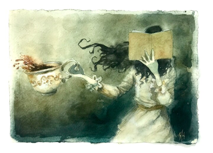 Schilderij getiteld "Café al atardecer" door Cesar Ayllón, Origineel Kunstwerk, Aquarel