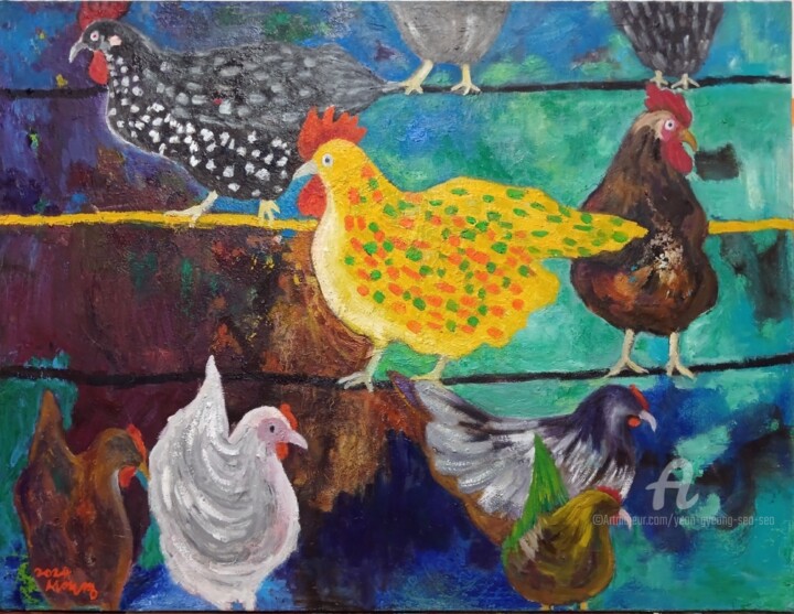 The Circle of Chickens: A Reflection on Human Society 绘画, 19.7x25.8 in