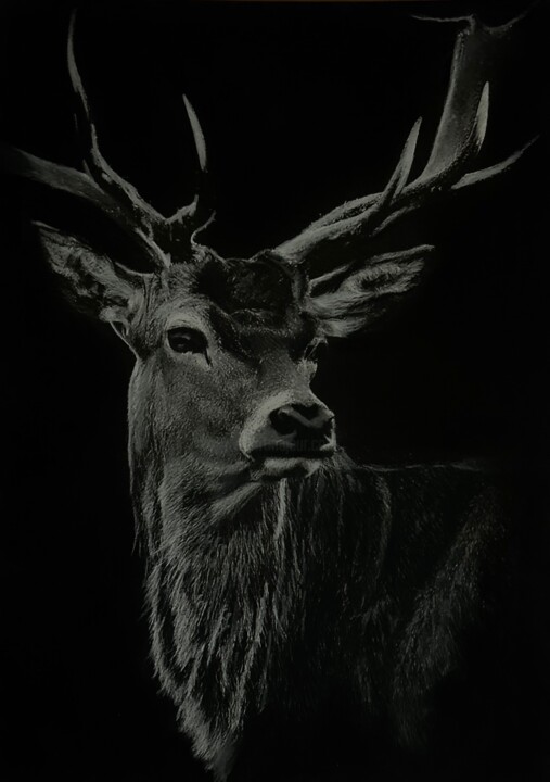 Drawing titled "Œuvre « Cerf »" by Marine Tassou, Original Artwork, Pastel Mounted on Wood Stretcher frame