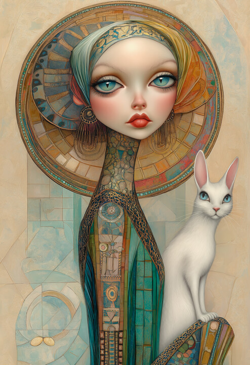Digital Arts titled "Girl and white cat…" by Alla Pixel, Original Artwork, AI generated image