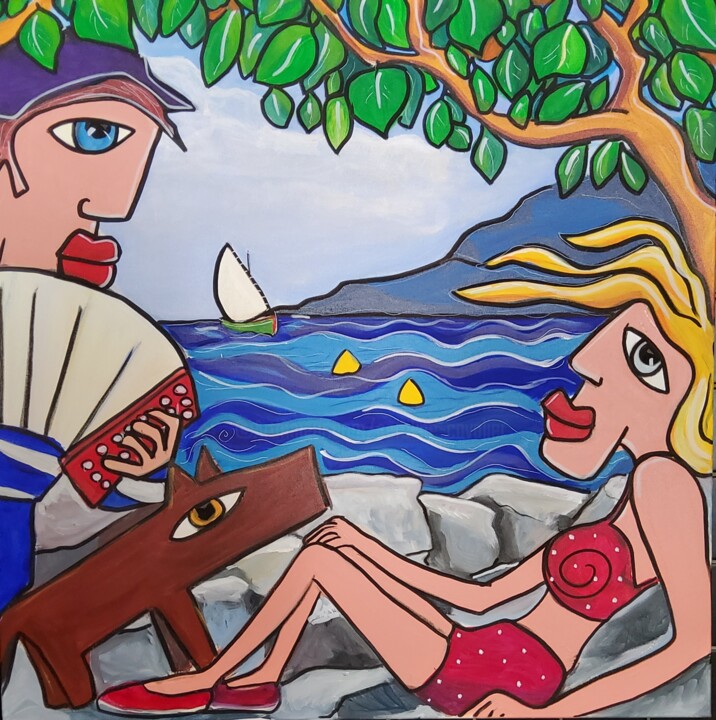 Painting titled "Sérénade sur digue" by Caroline Cavalier, Original Artwork, Acrylic Mounted on Wood Stretcher frame