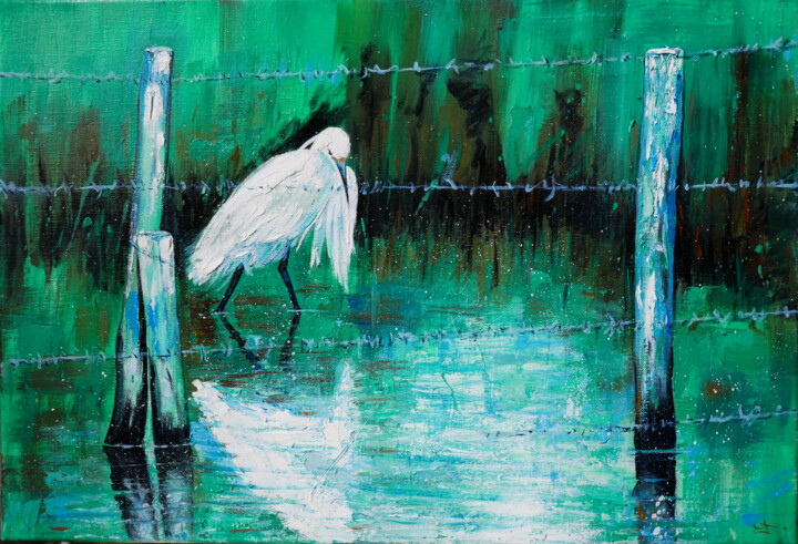 Aigrette en Camargue derrière des barbelés 绘画, 14.6x21.7 in