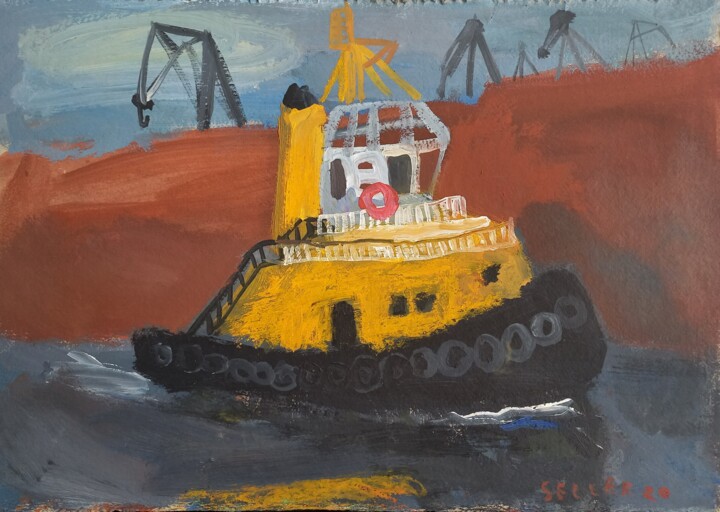 Tugboat with cranes 绘画, 10.2x14.2 in