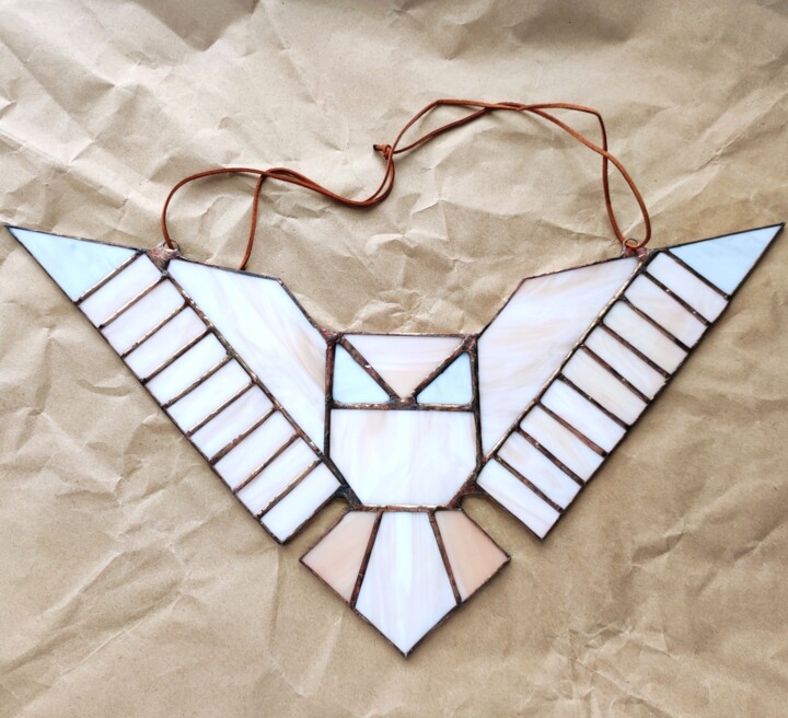 "GLASS OWL" - stained glass panno 雕塑, 8.6x18.5 in