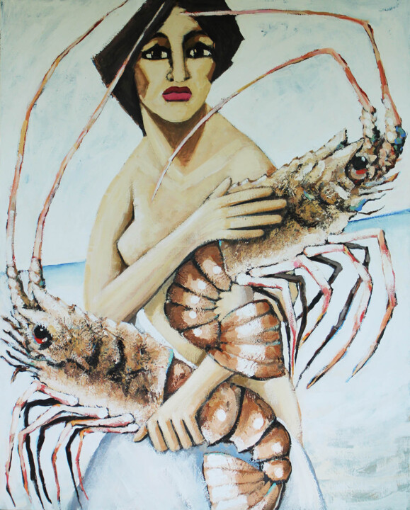 Mujer con langostas - Woman with lobsters 绘画, 64.2x51.2 in