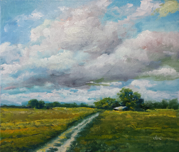 Route du village dans le champ vert Tablo, 9,5x11,8 in