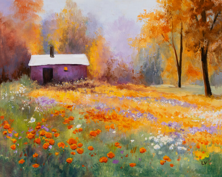 Painting titled "Shelter house in au…" by Lucia Verdejo, Original Artwork, Oil Mounted on Wood Panel