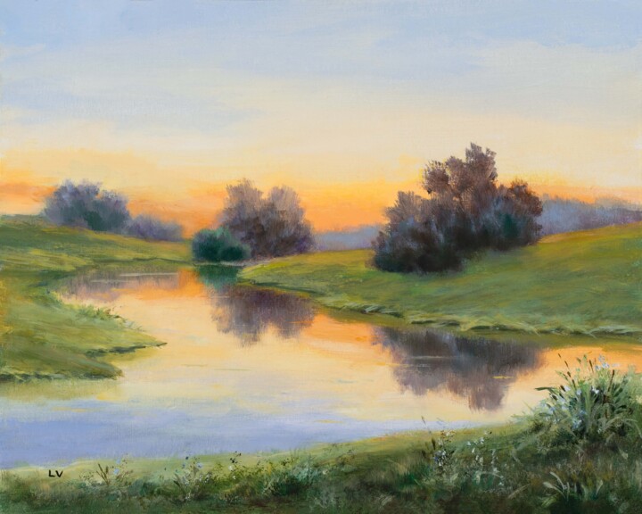 Painting titled "'Reflections at daw…" by Lucia Verdejo, Original Artwork, Oil Mounted on Wood Panel