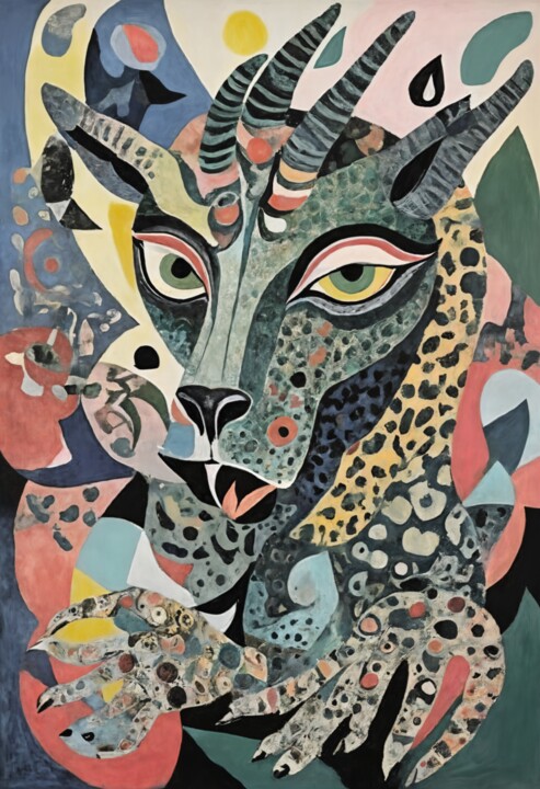 Painting titled "Vibrant Horned Beas…" by Asel, Original Artwork, Acrylic Mounted on Wood Stretcher frame