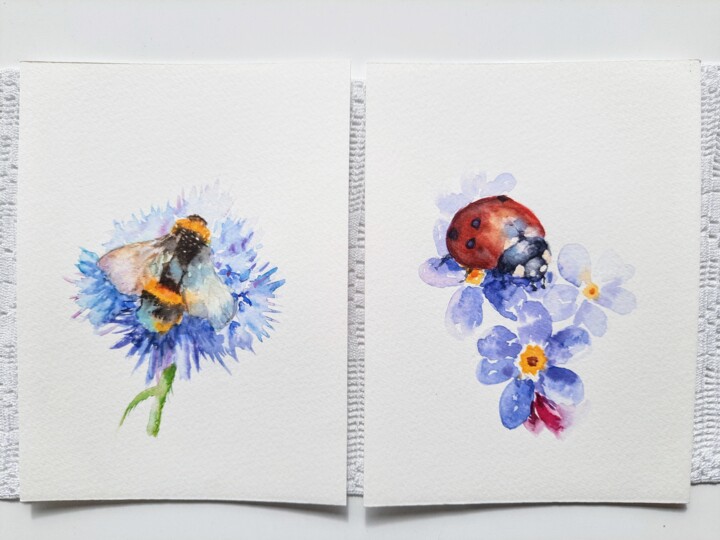Drawing titled "bumblebee and ladyb…" by Fineartderya, Original Artwork, Watercolor