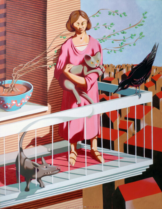 Painting titled "Meeting on the balc…" by Federico Cortese, Original Artwork, Oil Mounted on Wood Stretcher frame