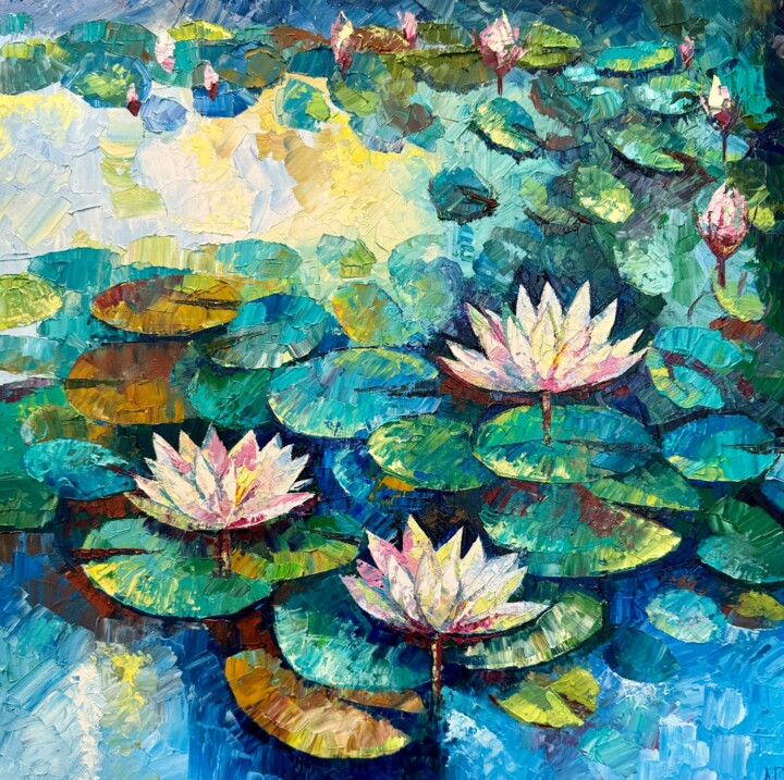 Water Lily Painting Original Oil Artwork 50x50 Flowers Art Tablo, 19,7x19,7 in