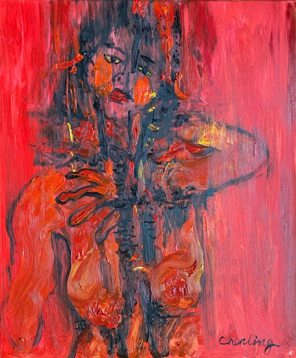Schilderij getiteld "Nude in Red I" door Ling Chen, Origineel Kunstwerk, Olie Gemonteerd op Frame voor houten brancard
