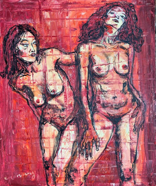 Schilderij getiteld "Nude in Red II" door Ling Chen, Origineel Kunstwerk, Olie Gemonteerd op Frame voor houten brancard