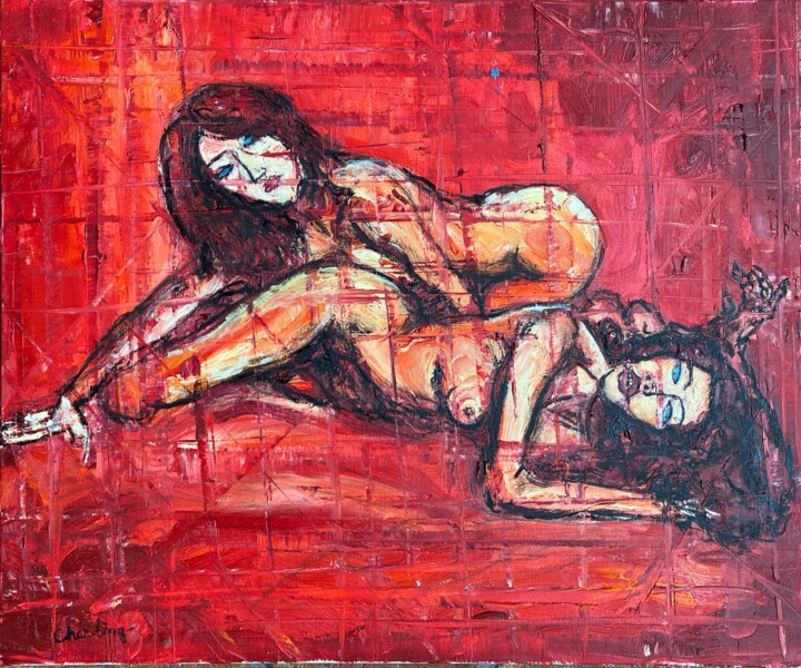 Schilderij getiteld "Nude in Red III" door Ling Chen, Origineel Kunstwerk, Olie Gemonteerd op Frame voor houten brancard