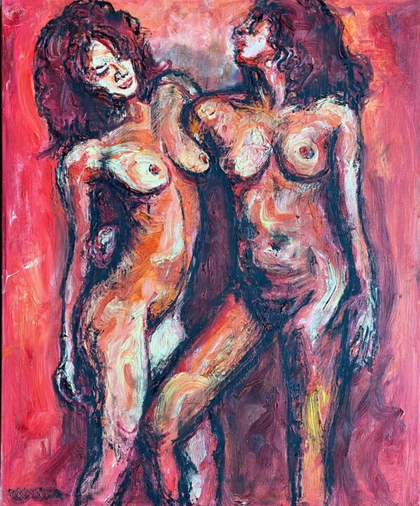Schilderij getiteld "Nude in Red IV" door Ling Chen, Origineel Kunstwerk, Olie Gemonteerd op Frame voor houten brancard