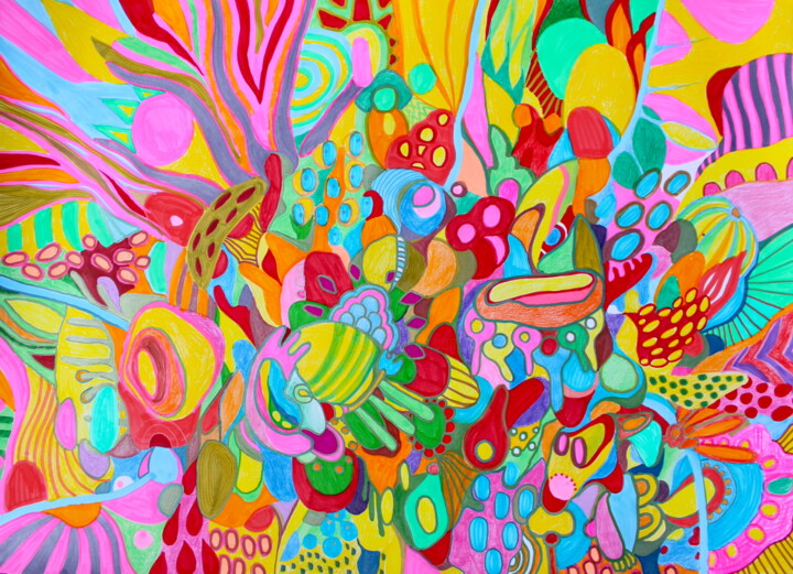 674. Vibrant Chaos Large Abstract Marker Art With Colorful 绘画, 18.1x25.2 in